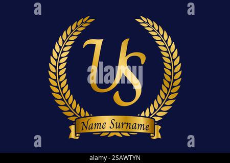 Initial letter U and S, US monogram logo design with laurel wreath. Luxury golden emblem with calligraphy font. Stock Vector