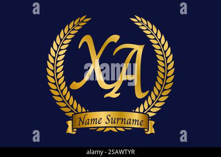 Initial letter X and A, XA monogram logo design with laurel wreath. Luxury golden emblem with calligraphy font. Stock Vector