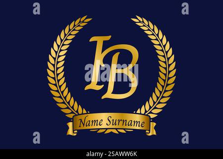 Initial letter I and B, IB monogram logo design with laurel wreath. Luxury golden emblem with calligraphy font. Stock Vector