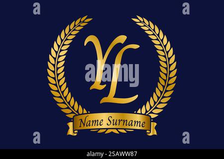 Initial letter Y and L, YL monogram logo design with laurel wreath. Luxury golden emblem with calligraphy font. Stock Vector