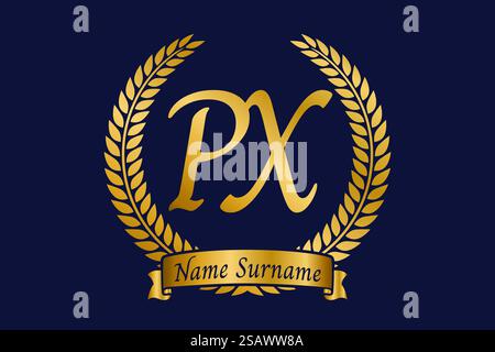 Initial letter P and X, PX monogram logo design with laurel wreath. Luxury golden emblem with calligraphy font. Stock Vector