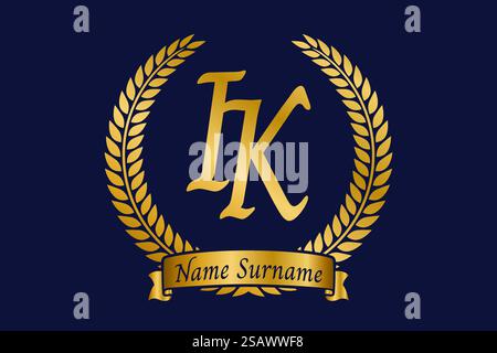Initial letter I and K, IK monogram logo design with laurel wreath. Luxury golden emblem with calligraphy font. Stock Vector