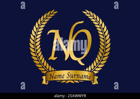 Initial letter N and Q, NQ monogram logo design with laurel wreath. Luxury golden emblem with calligraphy font. Stock Vector