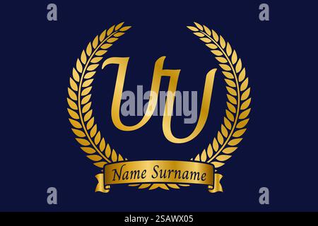Initial letter U and U, UU monogram logo design with laurel wreath. Luxury golden emblem with calligraphy font. Stock Vector