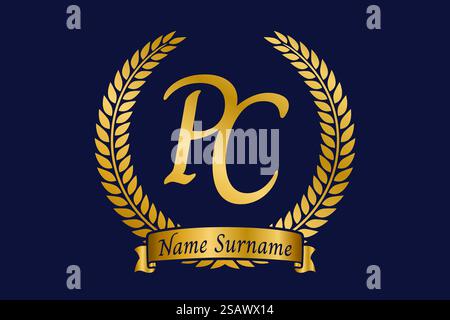 Initial letter P and C, PC monogram logo design with laurel wreath. Luxury golden emblem with calligraphy font. Stock Vector