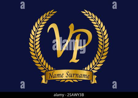 Initial letter V and P, VP monogram logo design with laurel wreath. Luxury golden emblem with calligraphy font. Stock Vector
