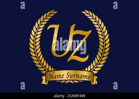 Initial letter U and Z, UZ monogram logo design with laurel wreath. Luxury golden emblem with calligraphy font. Stock Vector