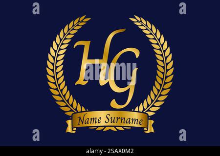 Initial letter H and G, HG monogram logo design with laurel wreath. Luxury golden emblem with calligraphy font. Stock Vector