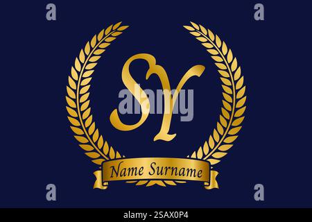 Initial letter S and Y, SY monogram logo design with laurel wreath. Luxury golden emblem with calligraphy font. Stock Vector