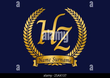 Initial letter H and Z, HZ monogram logo design with laurel wreath. Luxury golden emblem with calligraphy font. Stock Vector