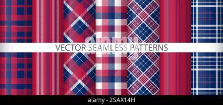 Set check fabric vector. Background textile seamless. Texture tartan plaid pattern collection. Stock Vector