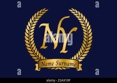 Initial letter N and Y, NY monogram logo design with laurel wreath. Luxury golden emblem with calligraphy font. Stock Vector