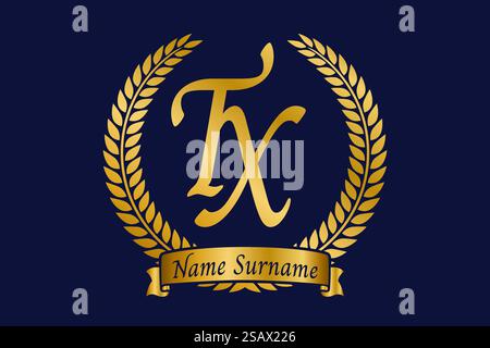 Initial letter T and X, TX monogram logo design with laurel wreath. Luxury golden emblem with calligraphy font. Stock Vector