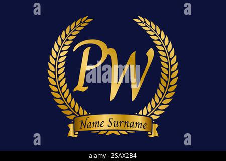 Initial letter P and W, PW monogram logo design with laurel wreath. Luxury golden emblem with calligraphy font. Stock Vector
