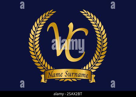 Initial letter V and C, VC monogram logo design with laurel wreath. Luxury golden emblem with calligraphy font. Stock Vector