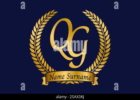 Initial letter Q and G, QG monogram logo design with laurel wreath. Luxury golden emblem with calligraphy font. Stock Vector