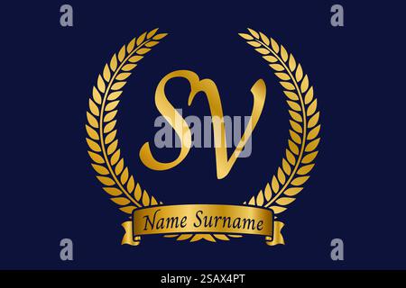 Initial letter S and V, SV monogram logo design with laurel wreath. Luxury golden emblem with calligraphy font. Stock Vector