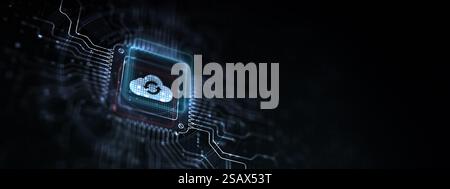 Cloud Enabling Scalable Solutions for Data Storage Illustrated on a Processor Touched by a Human Hand. Stock Photo