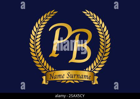 Initial letter P and B, PB monogram logo design with laurel wreath. Luxury golden emblem with calligraphy font. Stock Vector