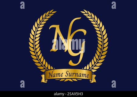 Initial letter N and G, NG monogram logo design with laurel wreath. Luxury golden emblem with calligraphy font. Stock Vector