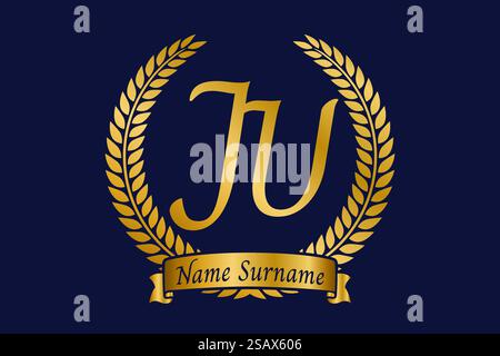 Initial letter J and U, JU monogram logo design with laurel wreath. Luxury golden emblem with calligraphy font. Stock Vector