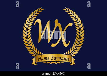 Initial letter W and X, WX monogram logo design with laurel wreath. Luxury golden emblem with calligraphy font. Stock Vector