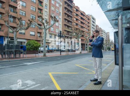 Businessman waiting for bus and checking time while talking on phone Stock Photo