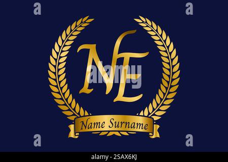 Initial letter N and E, NE monogram logo design with laurel wreath. Luxury golden emblem with calligraphy font. Stock Vector
