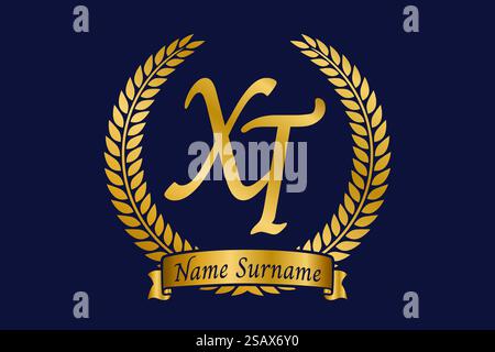 Initial letter X and T, XT monogram logo design with laurel wreath. Luxury golden emblem with calligraphy font. Stock Vector