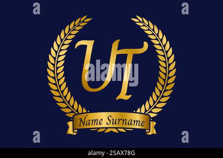 Initial letter U and T, UT monogram logo design with laurel wreath. Luxury golden emblem with calligraphy font. Stock Vector
