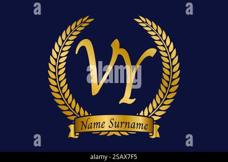 Initial letter V and Y, VY monogram logo design with laurel wreath. Luxury golden emblem with calligraphy font. Stock Vector