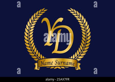 Initial letter Y and D, YD monogram logo design with laurel wreath. Luxury golden emblem with calligraphy font. Stock Vector