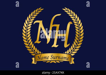 Initial letter N and H, NH monogram logo design with laurel wreath. Luxury golden emblem with calligraphy font. Stock Vector