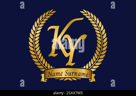 Initial letter K and Y, KY monogram logo design with laurel wreath. Luxury golden emblem with calligraphy font. Stock Vector