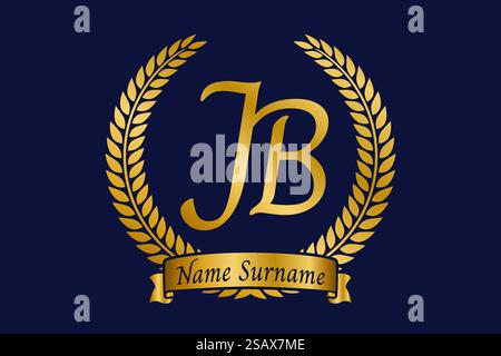 Initial letter J and B, JB monogram logo design with laurel wreath. Luxury golden emblem with calligraphy font. Stock Vector