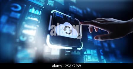 Cloud Computing Enabling Scalable Data Storage and Access, projection on a virtual screen, Business and Technology Concept. Stock Photo