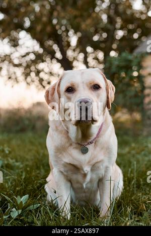 Fawn labrador outdoors sitting on the grass in the sunset light Stock Photo