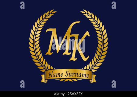 Initial letter M and K, MK monogram logo design with laurel wreath. Luxury golden emblem with calligraphy font. Stock Vector
