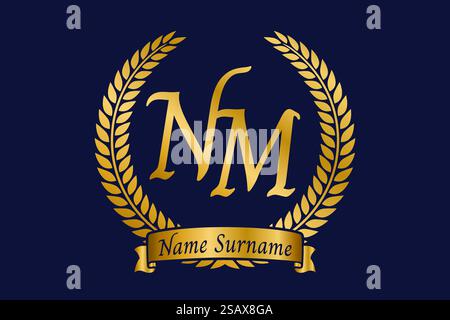 Initial letter N and M, NM monogram logo design with laurel wreath. Luxury golden emblem with calligraphy font. Stock Vector