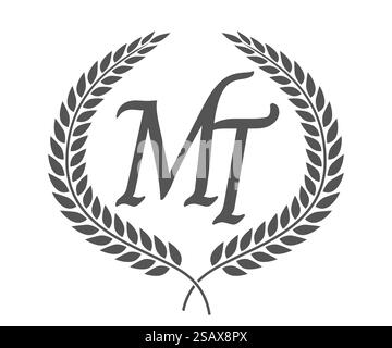 Initial letter M and T, MT monogram logo design with laurel wreath. Luxury emblem with calligraphy font.. Initial letter M and T, MT monogram logo design with laurel wreath. Luxury calligraphy font. Stock Vector