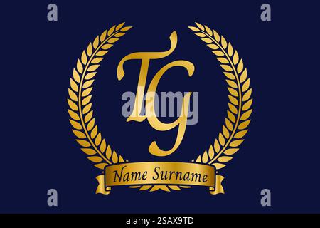 Initial letter T and G, TG monogram logo design with laurel wreath. Luxury golden emblem with calligraphy font. Stock Vector