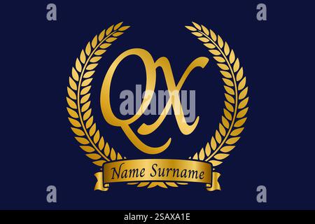 Initial letter Q and X, QX monogram logo design with laurel wreath. Luxury golden emblem with calligraphy font. Stock Vector