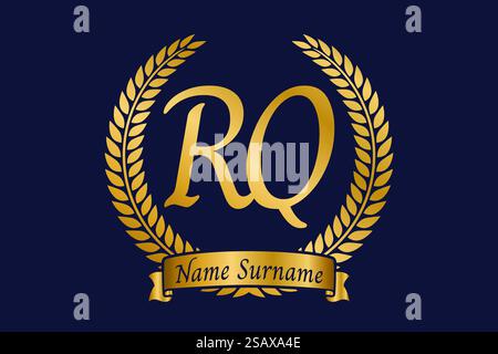 Initial letter R and Q, RQ monogram logo design with laurel wreath. Luxury golden emblem with calligraphy font. Stock Vector