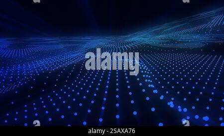 Wavy surface of blue particles is flowing in digital cyberspace, representing big data and futuristic technology Stock Photo