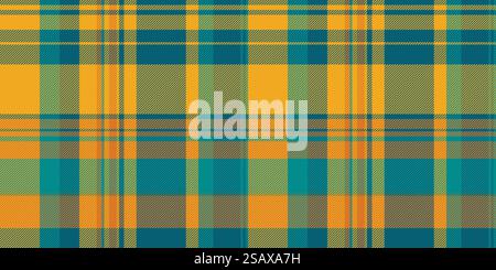 Drapery textile plaid pattern, girly tartan check fabric. Cool texture background vector seamless in cyan and amber color. Stock Vector