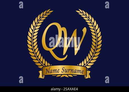Initial letter Q and W, QW monogram logo design with laurel wreath. Luxury golden emblem with calligraphy font. Stock Vector
