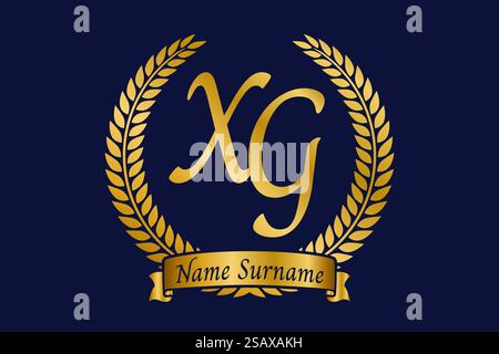 Initial letter X and G, XG monogram logo design with laurel wreath. Luxury golden emblem with calligraphy font. Stock Vector