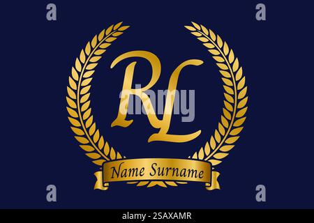 Initial letter R and L, RL monogram logo design with laurel wreath. Luxury golden emblem with calligraphy font. Stock Vector