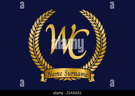 Initial letter W and C, WC monogram logo design with laurel wreath. Luxury golden emblem with calligraphy font. Stock Vector