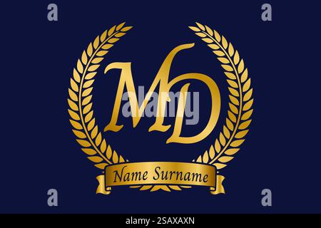 Initial letter M and D, MD monogram logo design with laurel wreath. Luxury golden emblem with calligraphy font. Stock Vector